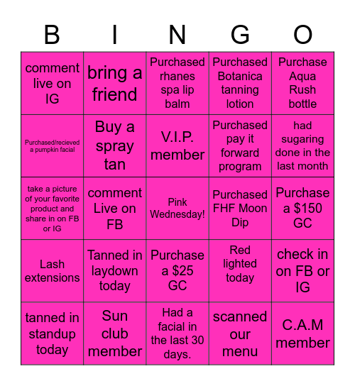 Pink Wednesday Bingo Card