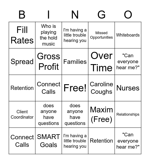 Area Call Bingo Card