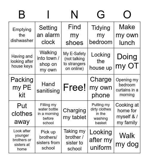 Responsibilities Bingo Card