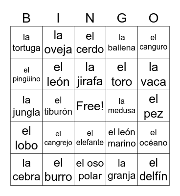 Los Animales Bingo Card