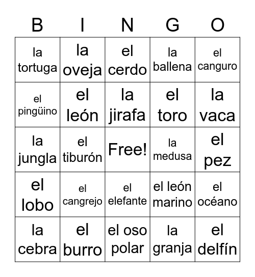 Los Animales Bingo Card