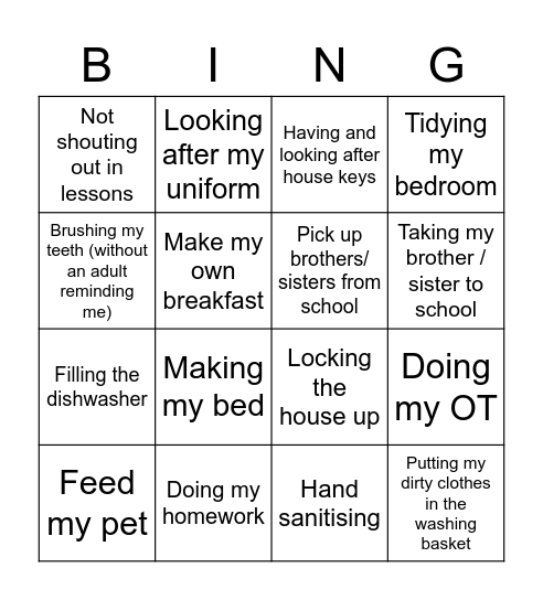 Responsibilities Bingo Card