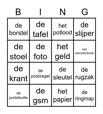 Klasvoorwerpen Bingo Card