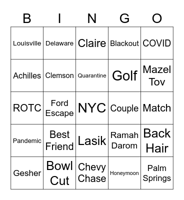 Jonathan & Claire's Rehearsal Dinner Bingo Card