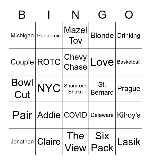 Jonathan & Claire's Rehearsal Dinner Bingo Card