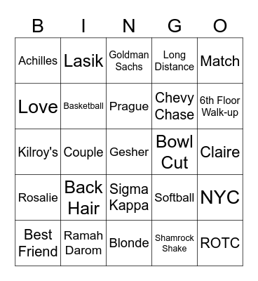 Jonathan & Claire's Rehearsal Dinner Bingo Card