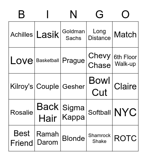 Jonathan & Claire's Rehearsal Dinner Bingo Card