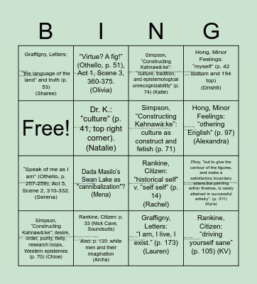 Core I Bingo Fall 2020 Bingo Card