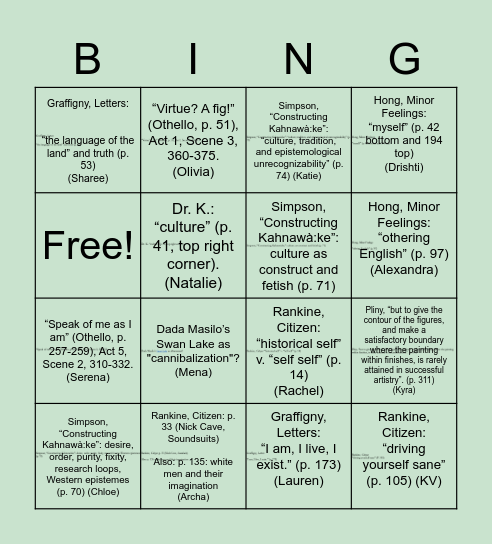 Core I Bingo Fall 2020 Bingo Card