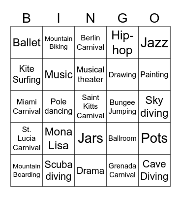Leisure Activities Bingo Card