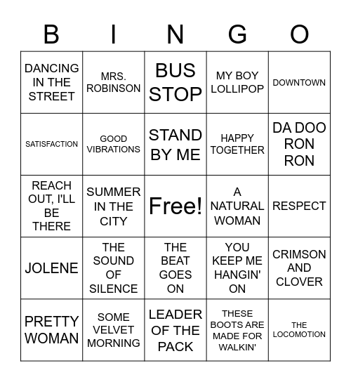 ROCK AND ROLL BINGO 60's Bingo Card