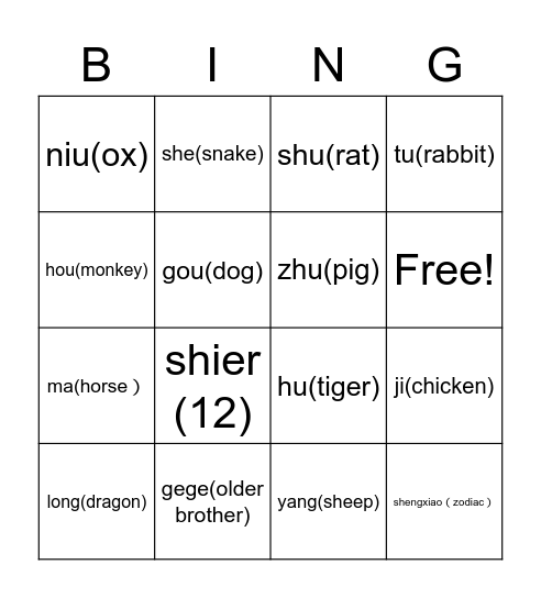 Chinese zodiac Bingo Card