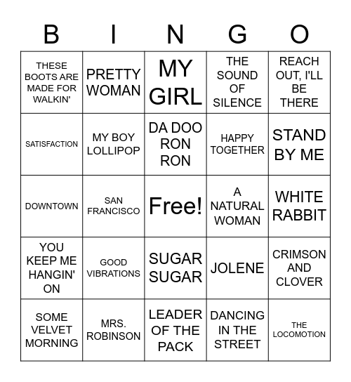 ROCK AND ROLL BINGO 60's Bingo Card