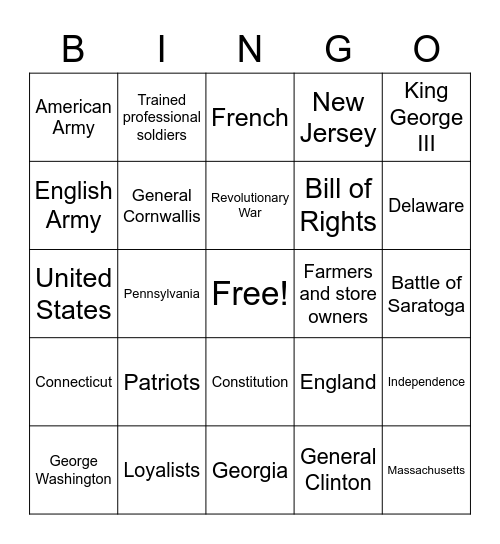 Patriots and Loyalists Bingo Card