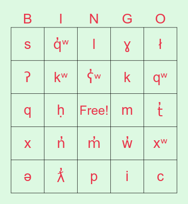 Okanagan Alphabet Bingo Card