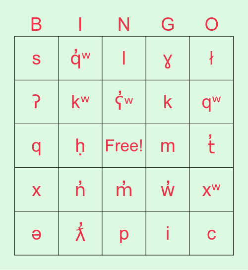 Okanagan Alphabet Bingo Card