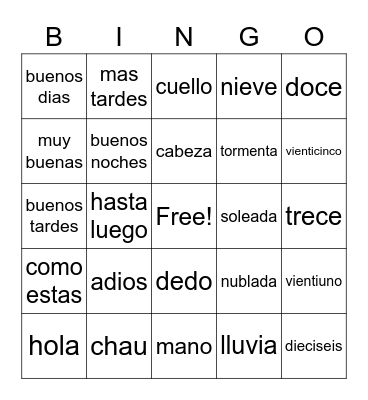 Spanish Bingo Card