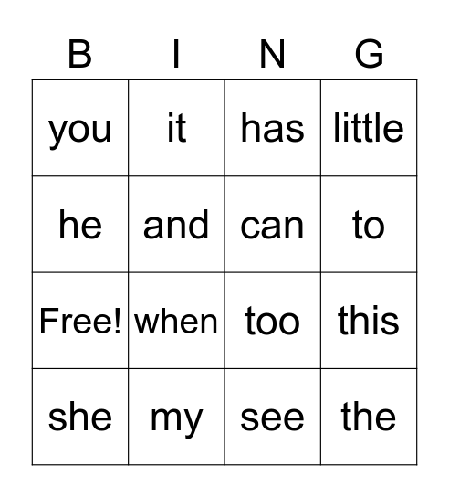 Sight Word Bingo Card