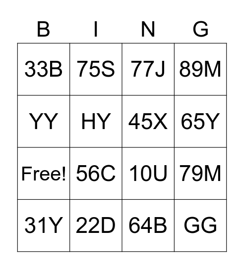 NUMBER-LETER Bingo Card
