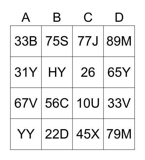 NUMBER-LETER Bingo Card