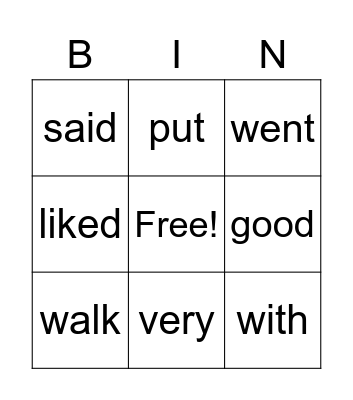 Sight Words Bingo Card