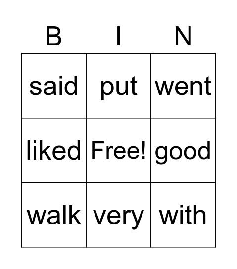 Sight Words Bingo Card