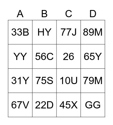 NUMBER-LETER Bingo Card
