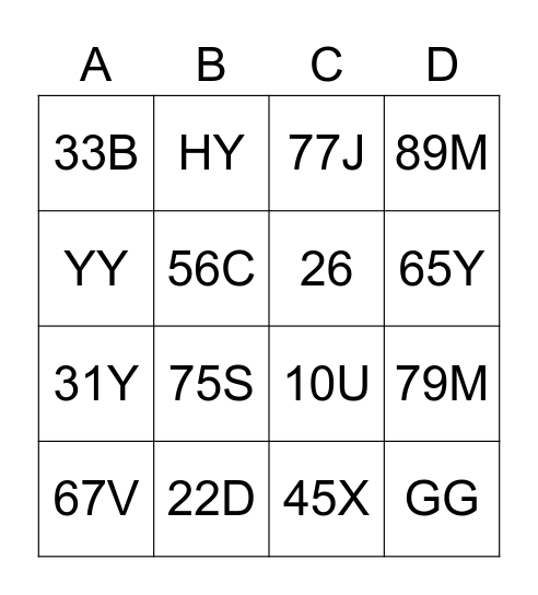NUMBER-LETER Bingo Card