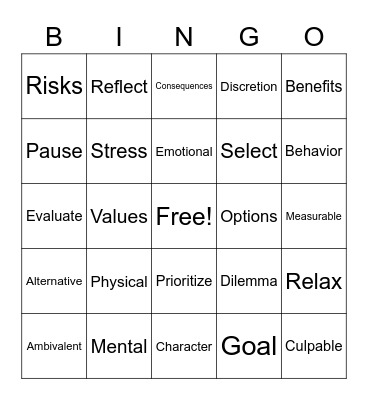 Healthy Decision Making Bingo Card