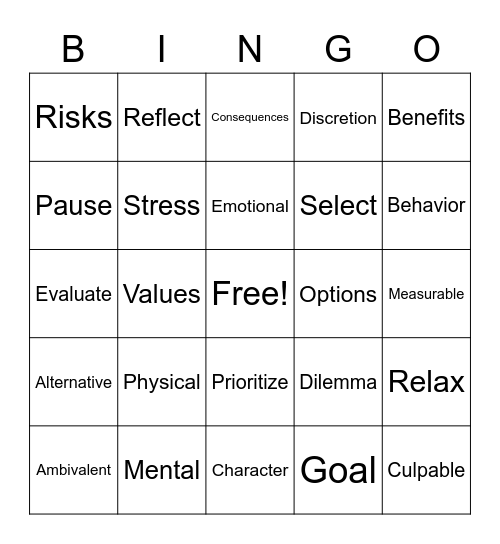 Healthy Decision Making Bingo Card