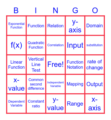 Functions Vocabulary Bingo Card