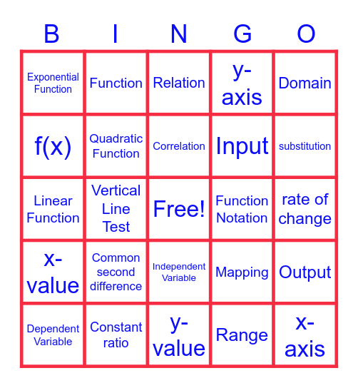 Functions Vocabulary Bingo Card