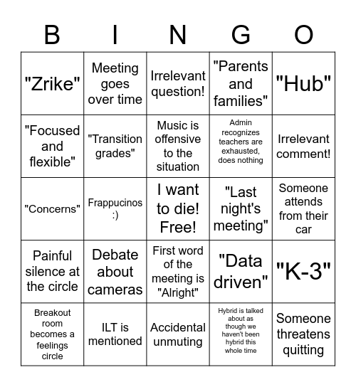Staff Meeting Bingo Card