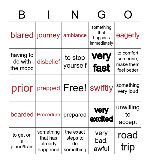 Week 1 vocabulary Bingo Card