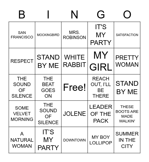 ROCK AND ROLL 60'S Bingo Card