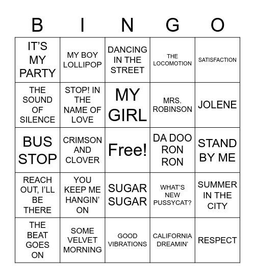 ROCK AND ROLL 60'S Bingo Card