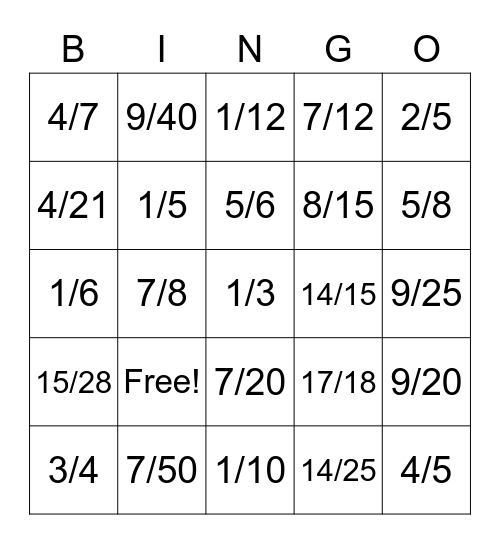 Fraction Operations Bingo Grade 6 Bingo Card