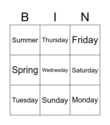 Days and Seasons Bingo Card