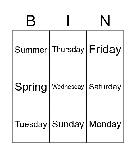 Days and Seasons Bingo Card