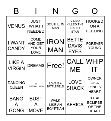 ROCK AND ROLL 70'S / 80'S Bingo Card