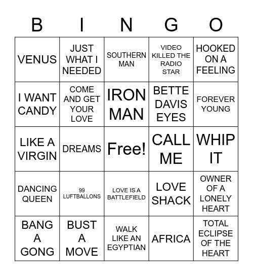 ROCK AND ROLL 70'S / 80'S Bingo Card
