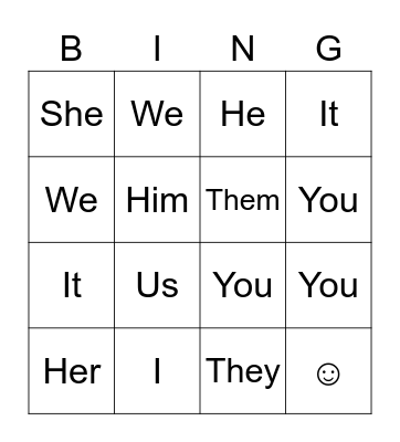 Personal Pronouns Bingo Card