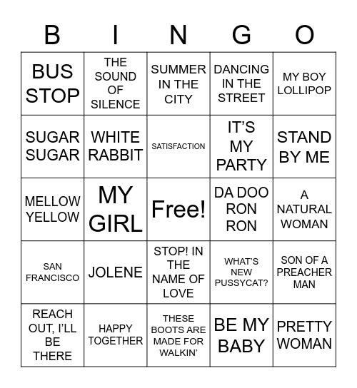 ROCK AND ROLL 60'S Bingo Card