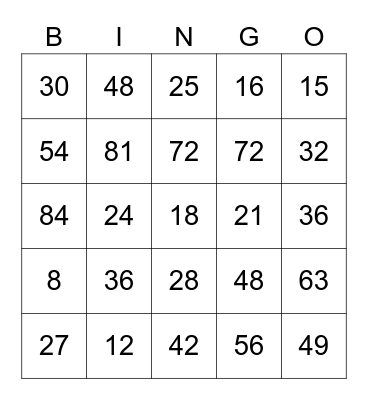 Multiplication Bingo Card