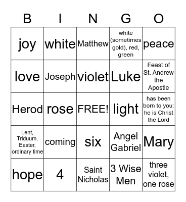 Liturgical Year and Advent Bingo Card
