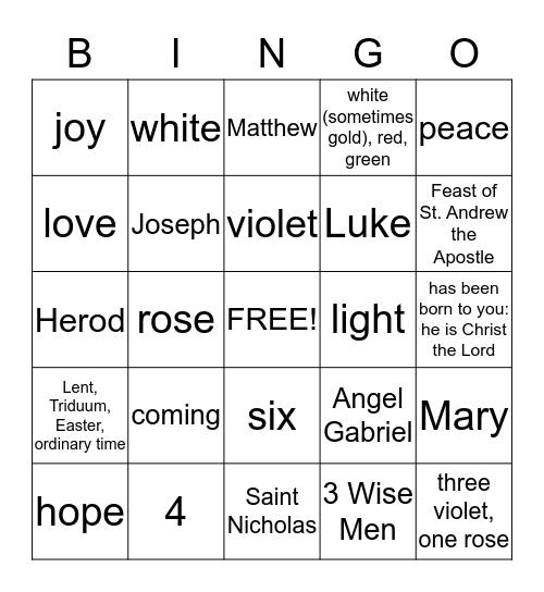 Liturgical Year and Advent Bingo Card