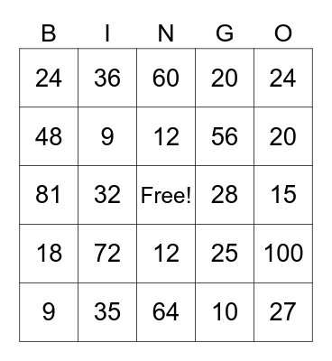 Multiplication Facts Bingo Card