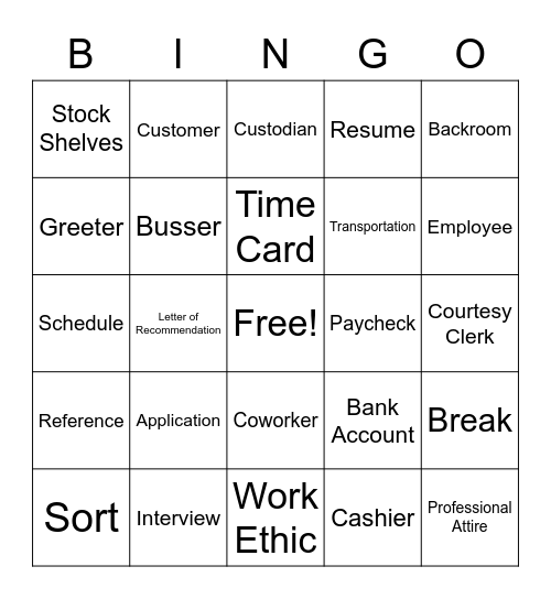 Vocational Word Bingo Card