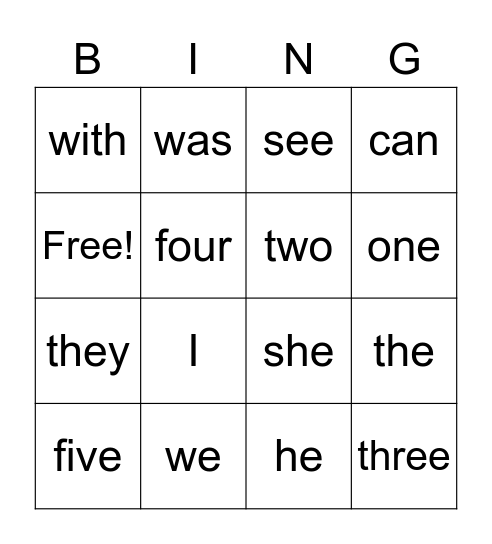 Sight Word Bingo Card