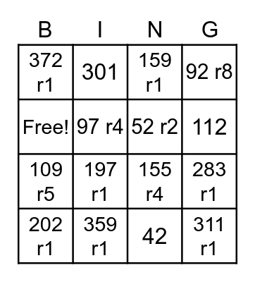 Long Division w/ 3-Digit Dividends Bingo Card